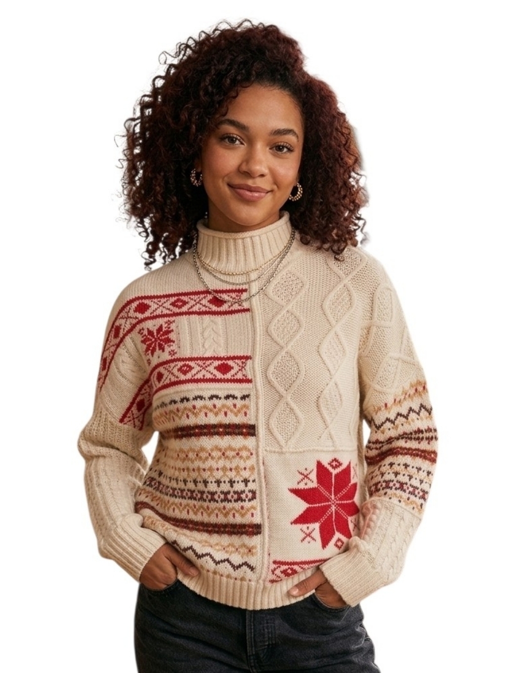 Vintage American Eagle Fair Isle Patchwork Mock Neck Sweater Sz S